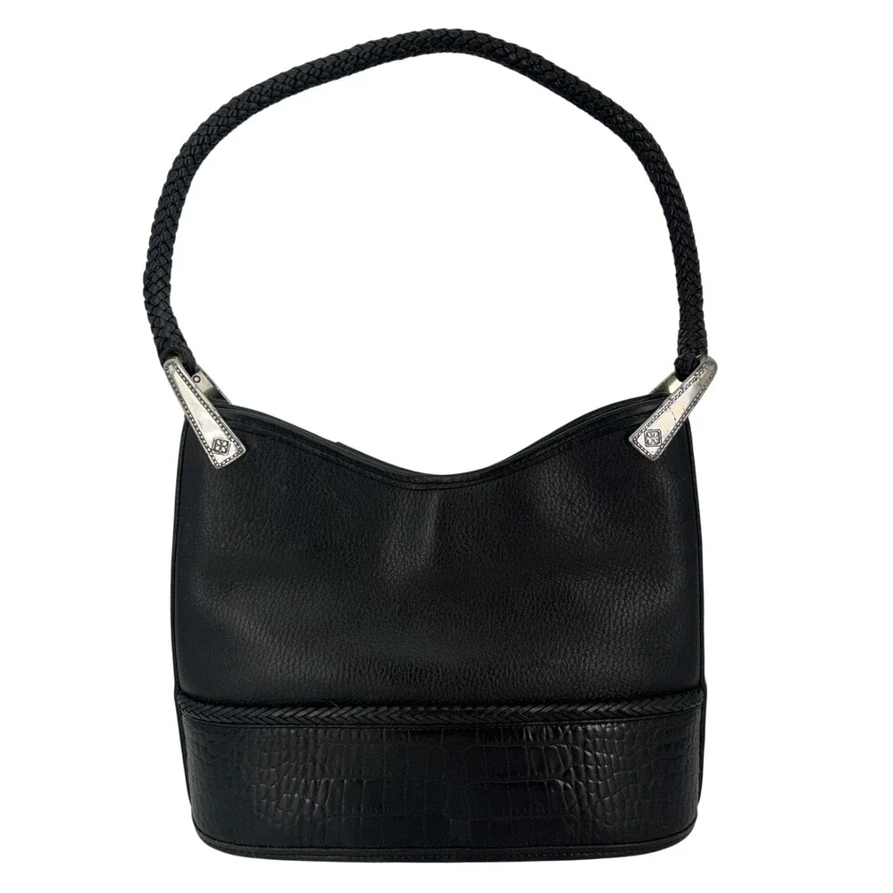 Vtg Brighton Hobo Bag Womens Medium Leather Braided Strap Croc Shoulder Purse
